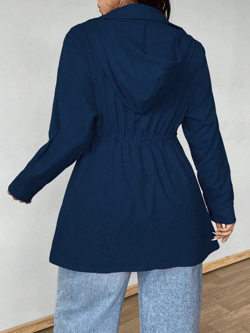 Navy Blue Casual Women's Plus Size Hooded Cinched Waist Long Sleeve Jacket - Picture 2 of 6